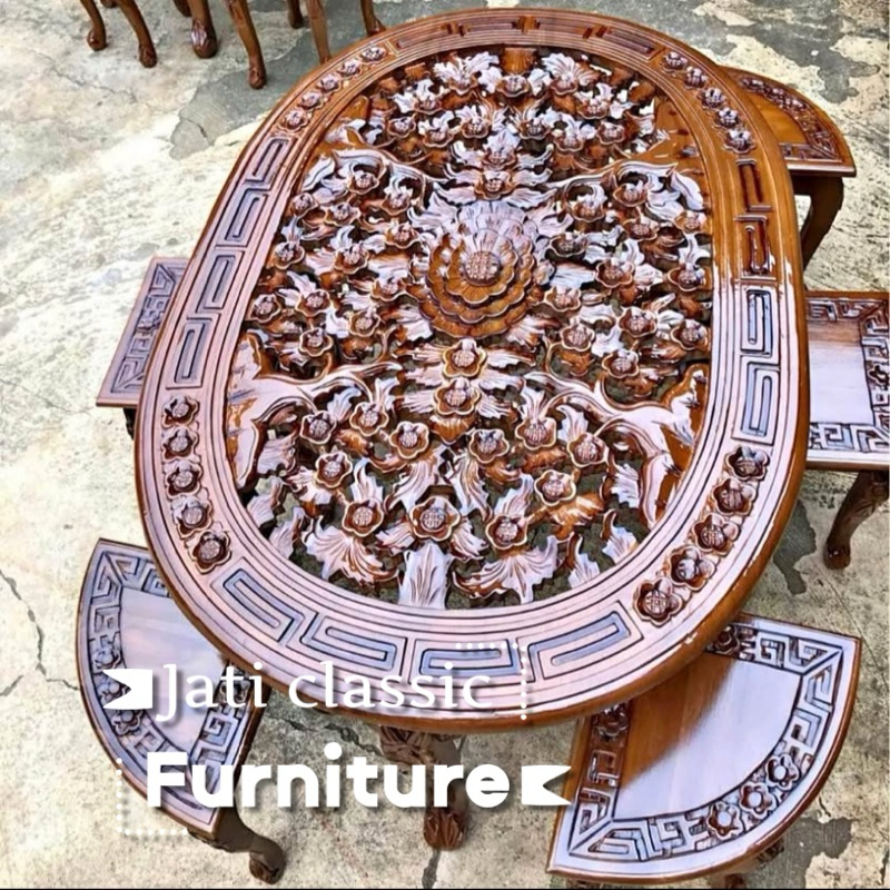 Set Meja Kopi Ukir , Meja Oshin Ukir Jepara , meja makan , meja lesehan