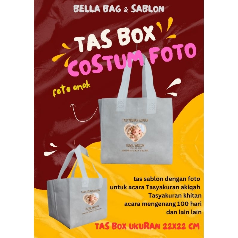 

jasa sablon dengan foto + tas box ukuran 22x22x22cm minimal pesanan 30 pcs