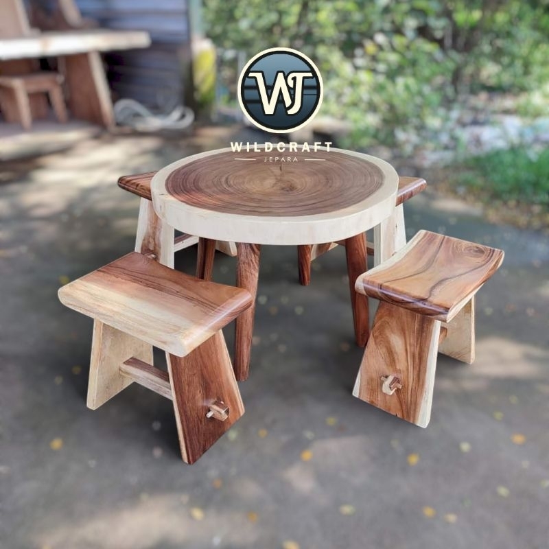SET MEJA KOPI 4 STOOL SATE KAYU TREMBESI SOLID