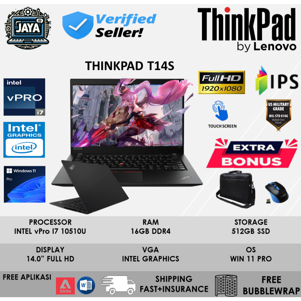 Laptop Baru Lenovo Thinkpad T14S Intel Vpro I7 10510U Ram 16GB 512GB Ssd Full HD IPS Touchscreen