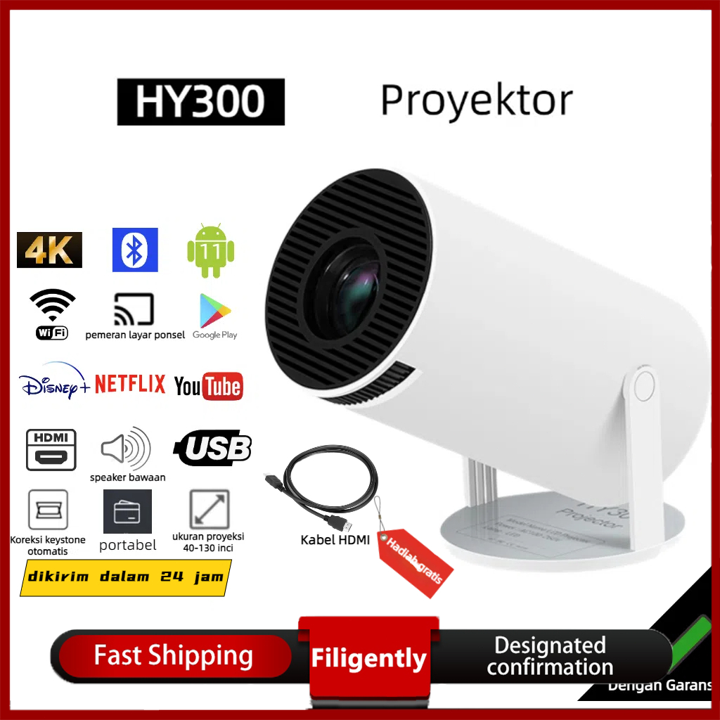 [COD]HY300 Proyektor Android 11.0 Bluetooth Proyektor 2.4+5G Wifi 6 Portabel Mini LCD Proyektor