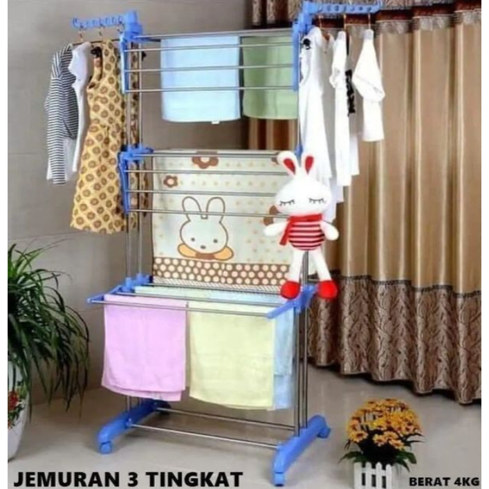 Jemuran Baju Lipat Portable 3 Tingkat Jemuran Pakaian Bayi Handuk Muat Banyak Ada Roda