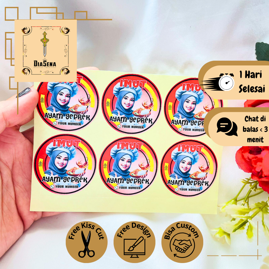 2-4 Cetak Stiker Ayam Geprek Sticker Label Makanan Catering Dus Box Bulat Free Desain Murah Diasena