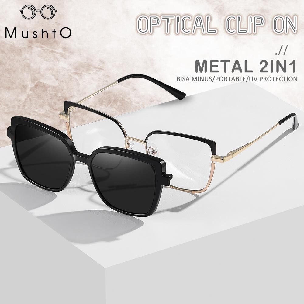 Mushto Kacamata 2in1 Lensa Clip On Style Fashionable Wanita Trendy Frame Kotak Bahan Metal Bisa Minu