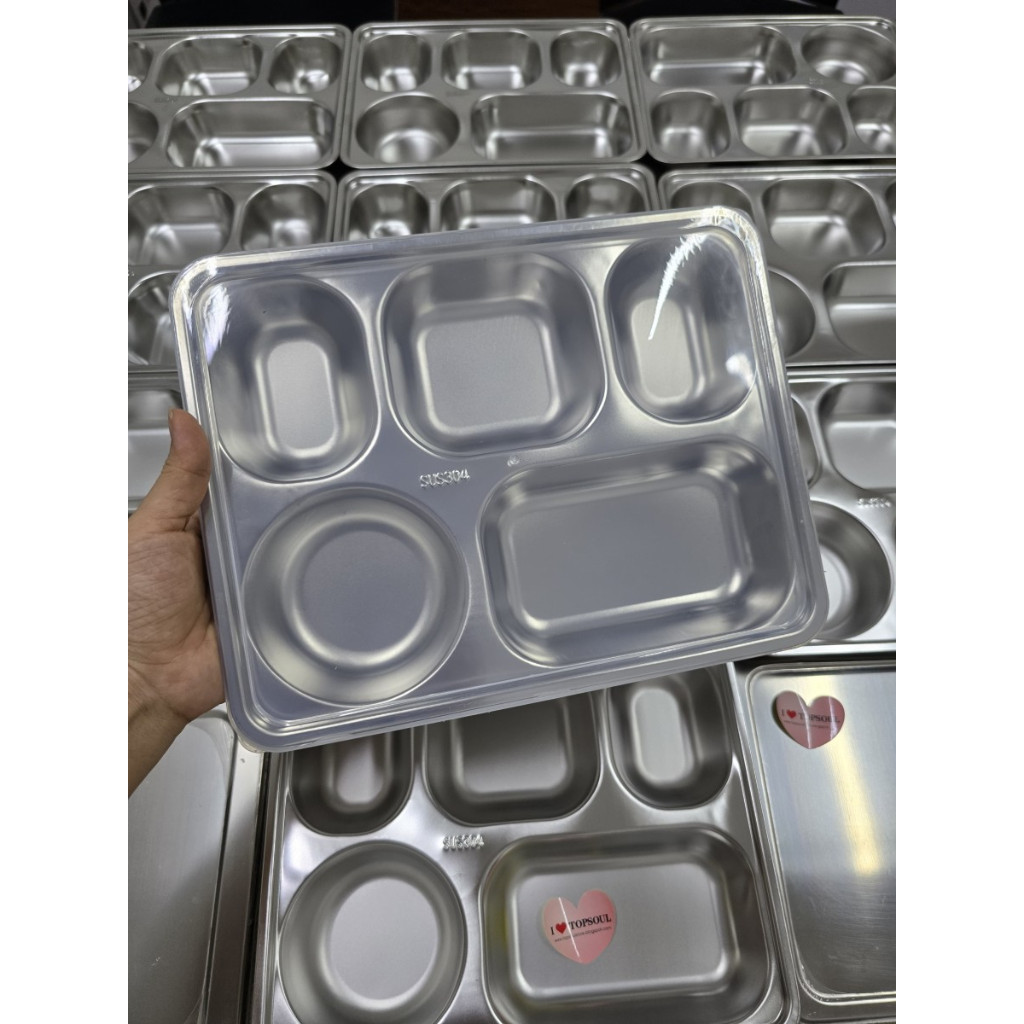 Piring Stainless Steel 5 Sekat + Tutup Plastik / Kotak Wadah Tempat Makan Nampan Catering Bento Lunc