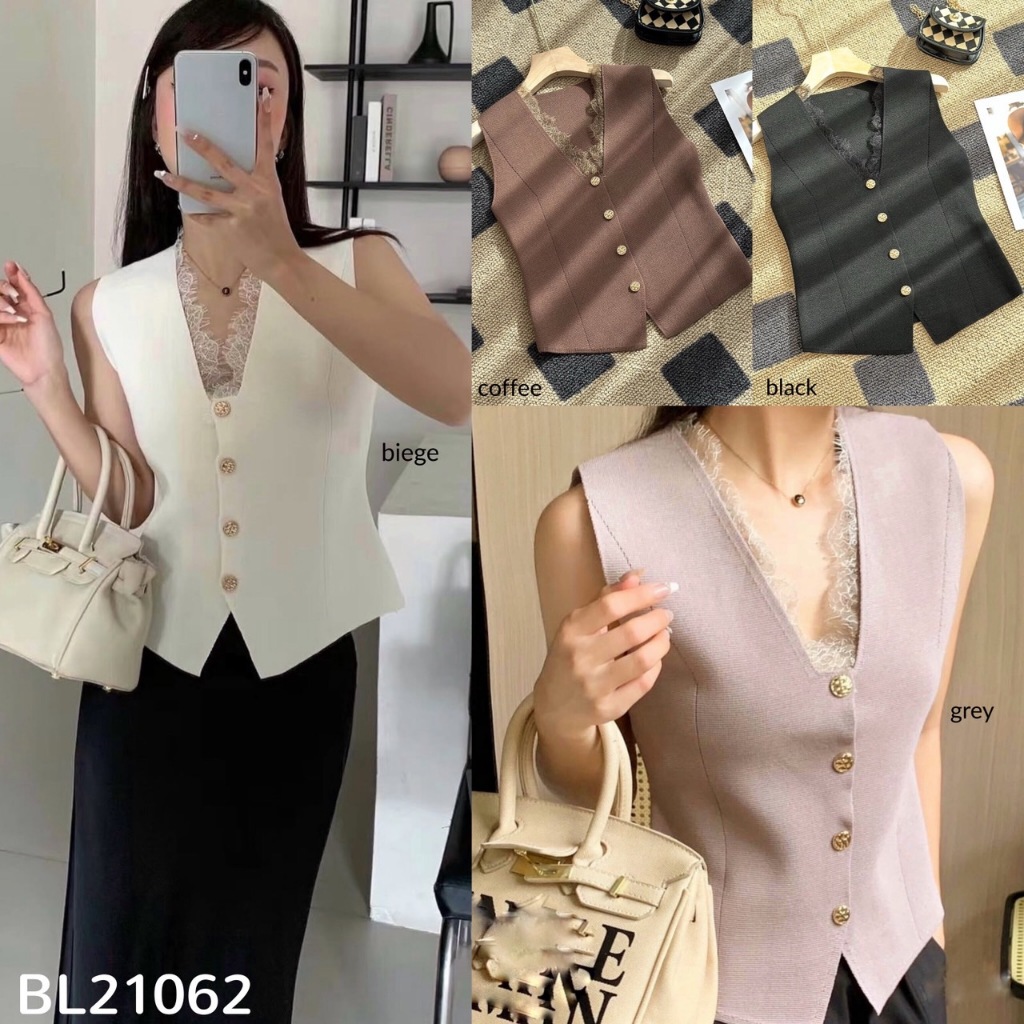 BL21062 Jihyo Lace Vest Textured Knit / Vest Rajut Kombinasi Lace Wanita