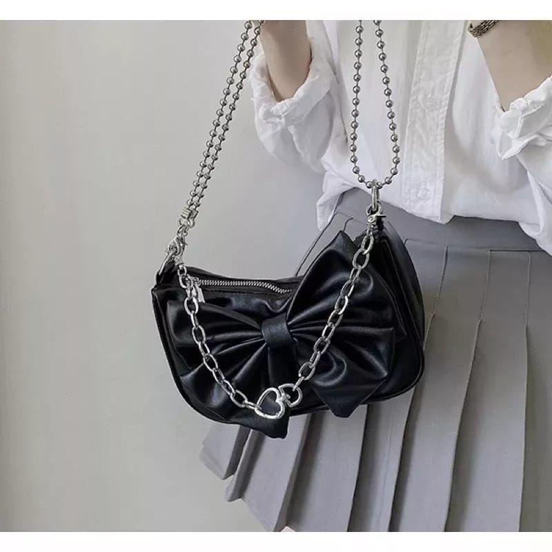 TAS SELEMPANG KULIT WANITA PITA - TAS CEWEK RANTAI MUTIARA BAHU SLING BAG