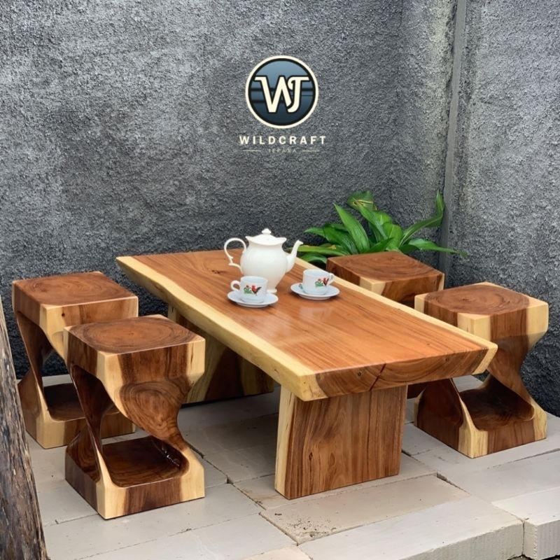 SET MEJA KOPI 4 STOOL SLENDANG KAYU TREMBESI SOLID