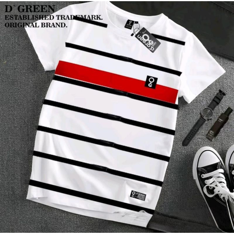D'Green Kaos Garis-Garis Putih Hitam Merah / Kaos T-shirt distro pria Wanita - combed 24