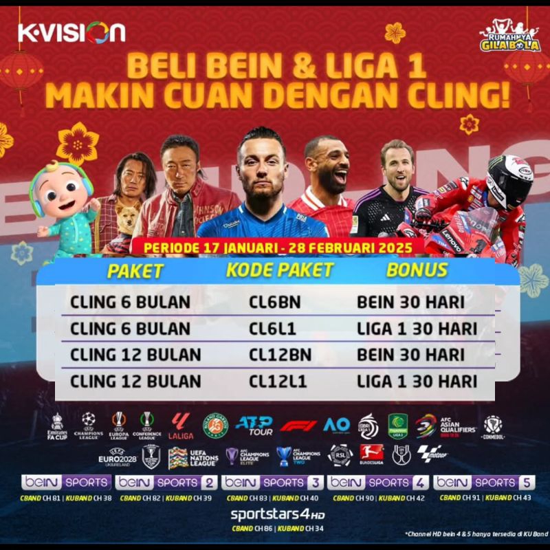 K Vision Paket Cling 6 & 12 bln bonus Bein sport dan liga1