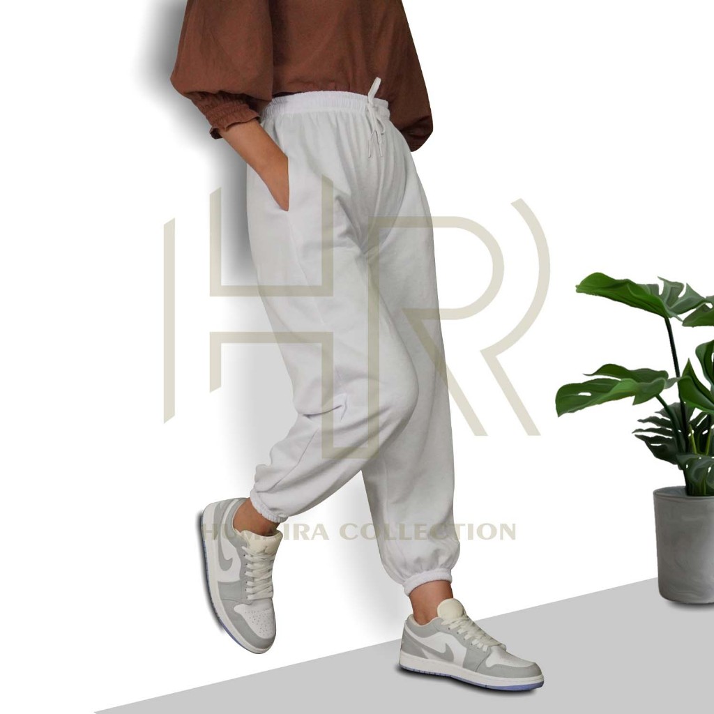 Humaira Celana Jogger/Joger Sweatpants Fleece Untuk Pria Dan Wanita - Putih