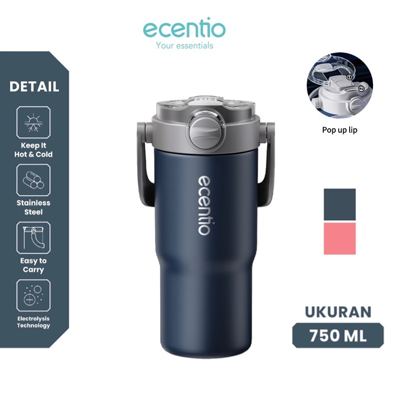 [New Version] ecentio Tumbler Portable Stainless 750ml Pop up lid Thermos Cup Vacuum Insulated