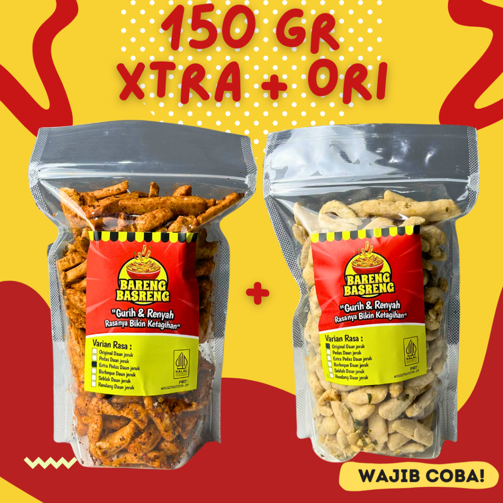 

(Buy 1 get 1) Beli 1 Gratis 1 basreng original 150 GR + Basreng exstra pedas 150 Gram