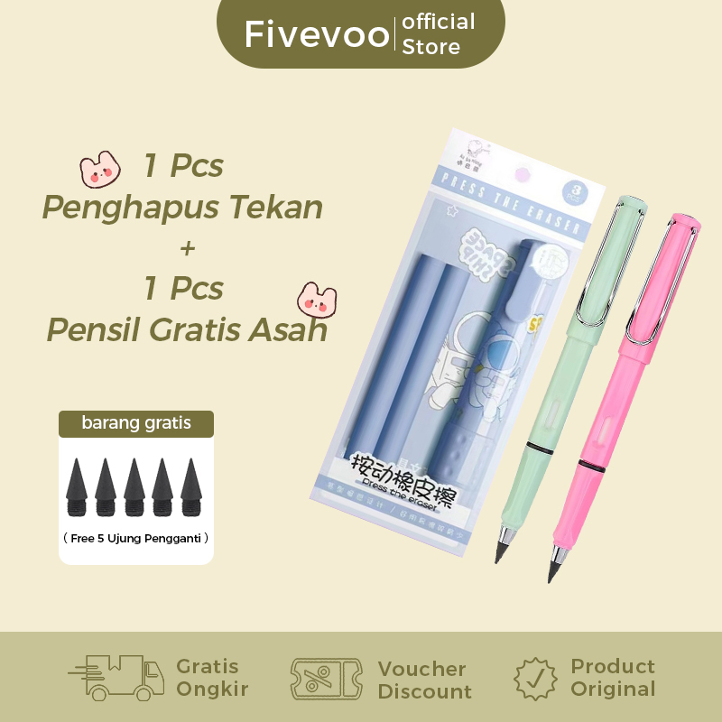 

FIVEVOO Combo Set 4-1 Pcs Pensil Gratis Asah + Free 5 Ujung Pengganti + 1 Pcs Penghapus Tekan Portable/ Set Alat Tulis Sekolah/ Combo Set