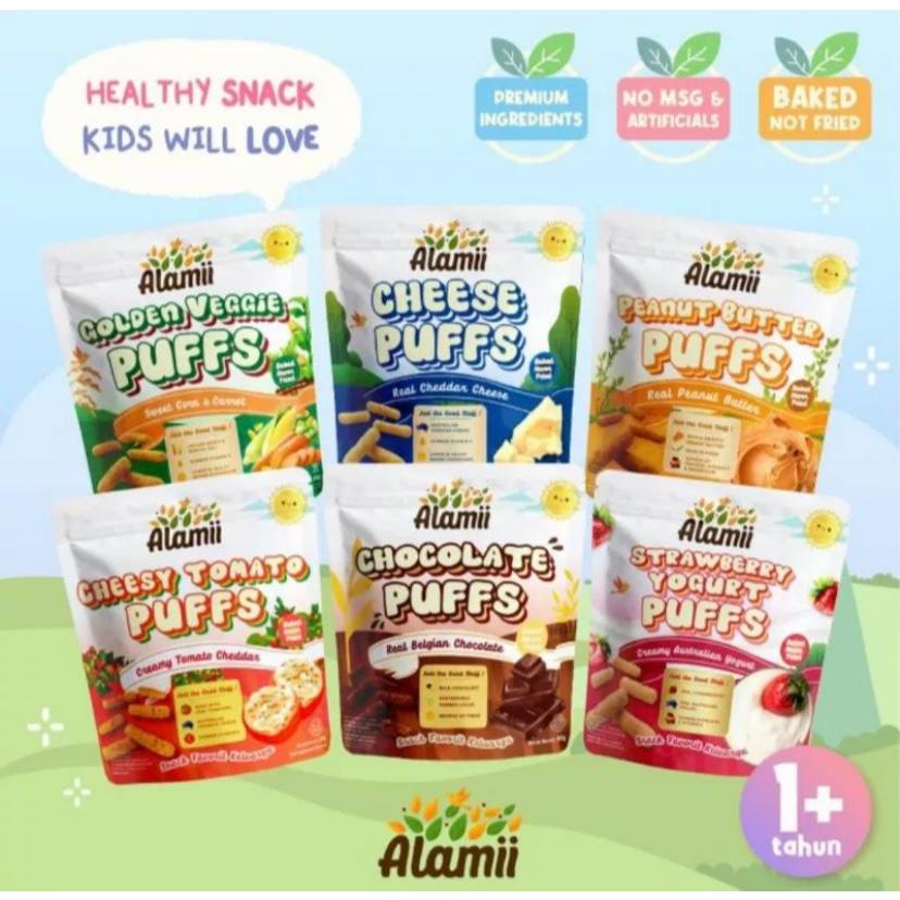 Alamii Puffs Cemilan Sehat Bayi & Anak - alamii golden veggie puff - alamii chocolate puffs