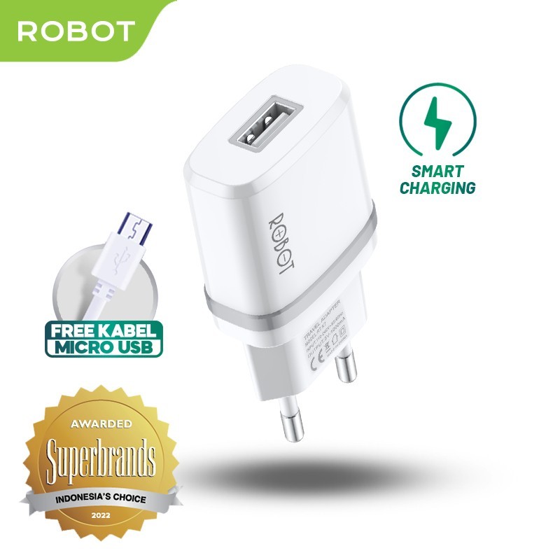 ROBOT Smart Phone Quick Charging Micro Type C Adaptor Output 5V dengan Lampu Indikator LED Fireproof