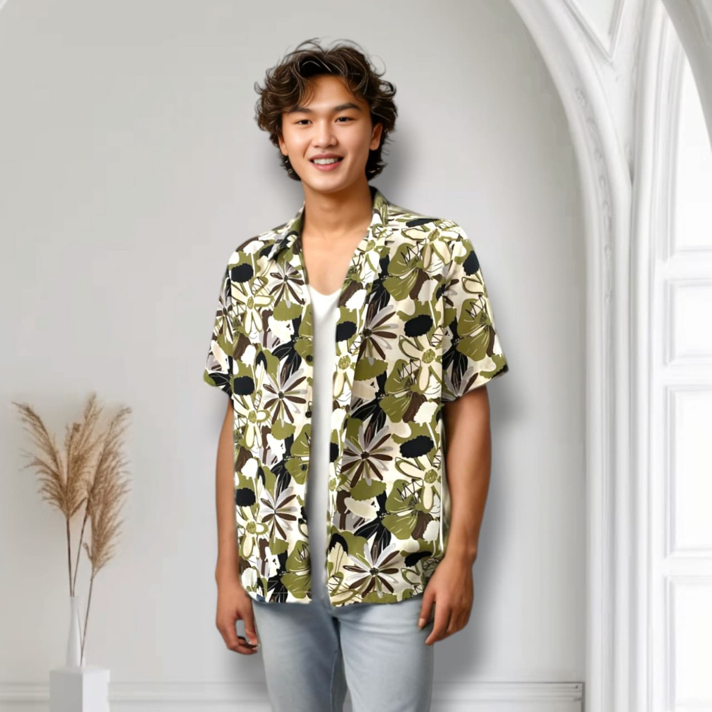 Kemeja Pria Lengan Pendek Motif Bunga | Baju Pantai Hawaiian | Baju Santai Laki Laki