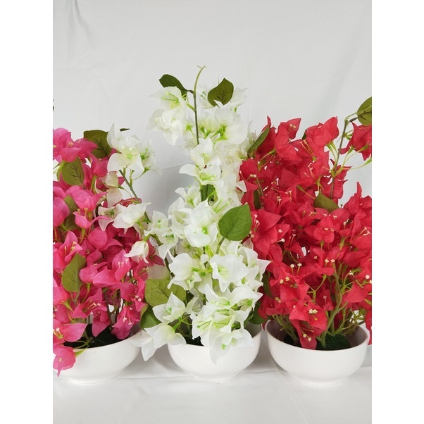 Bunga Bougenville Artificial Dengan Pot Putih Bunga Palsu Hiasan Meja Bunga Imitasi Dekorasi Rumah