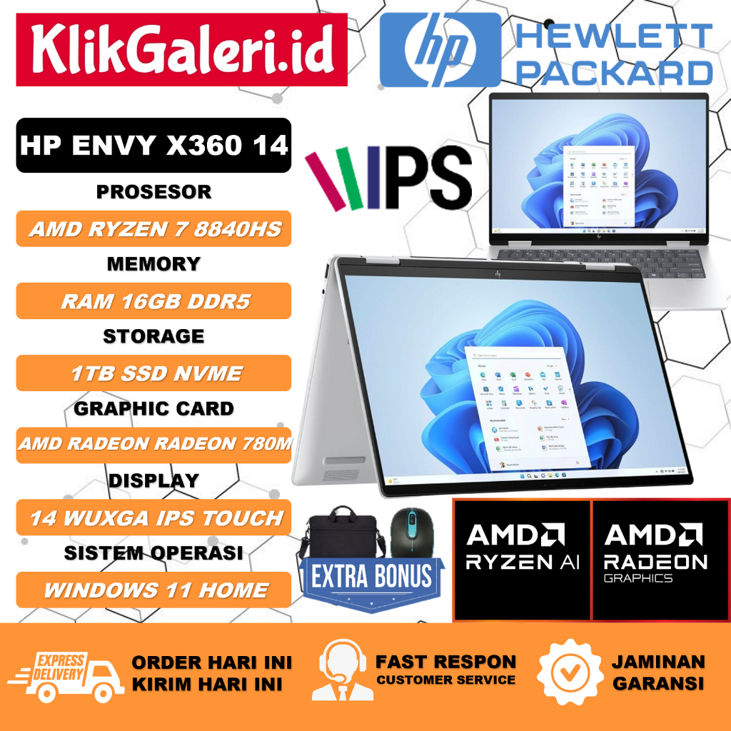 AI Copilot Laptop Hp Envy X360 14 AMD Ryzen 7 8840HS Ram 16GB DDR5 1TB SSD IPS Backlight Windows 11 