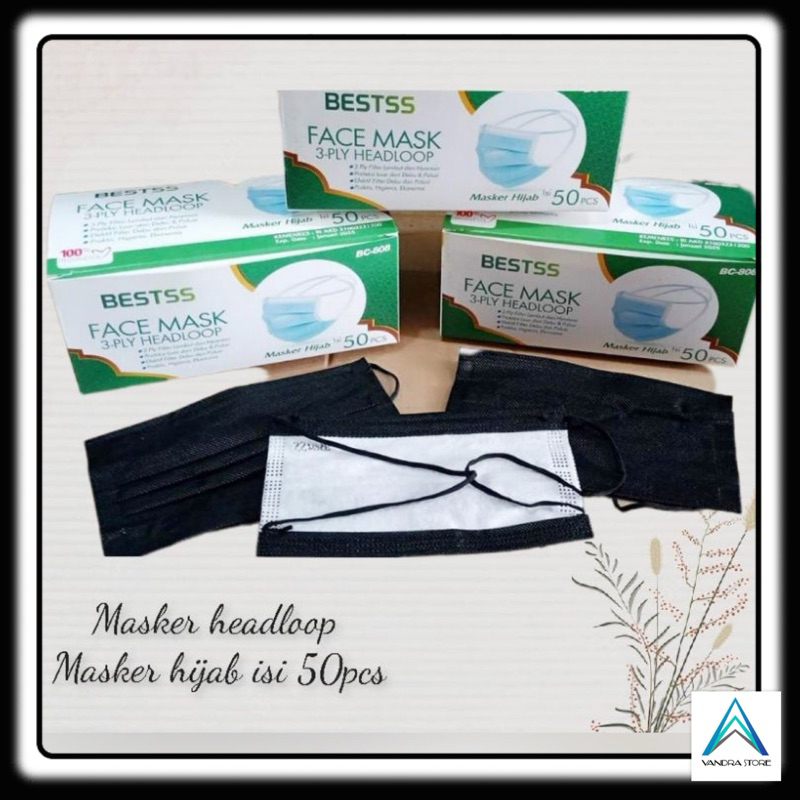 MASKER HIJAB MEDIS 3 PLY ISI 50 PCS BESTS WARNA HITAM