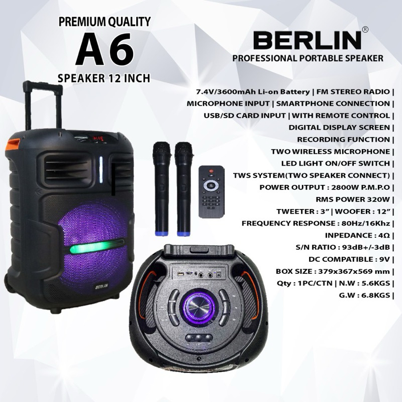 Speaker Aktif Portable Wireless Professional 12 Inch BERLIN 238 / A6 | Bluetooth, USB, Meeting, Kara