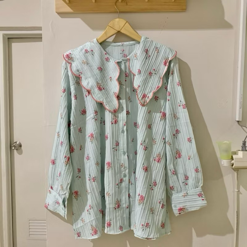 Kemeja/Blouse Bangkok Kerah Bordir Bunga Bunga Jumbo oversize Kain Timbul / Blouse Korea Jumbo Overs