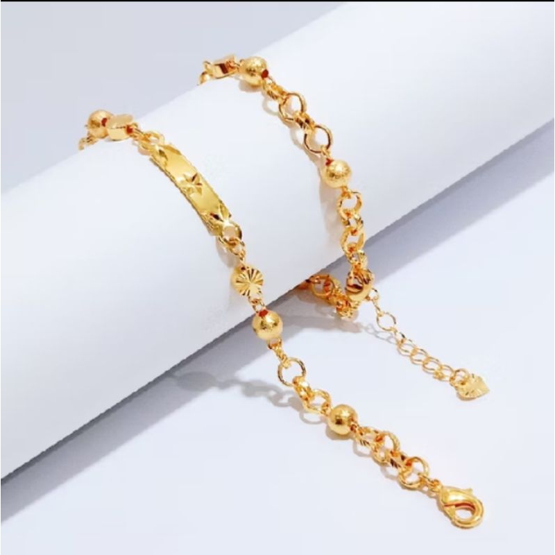 Gelang Rantai Bola kombinasi Plat Ukir Lapis Emas 24k
