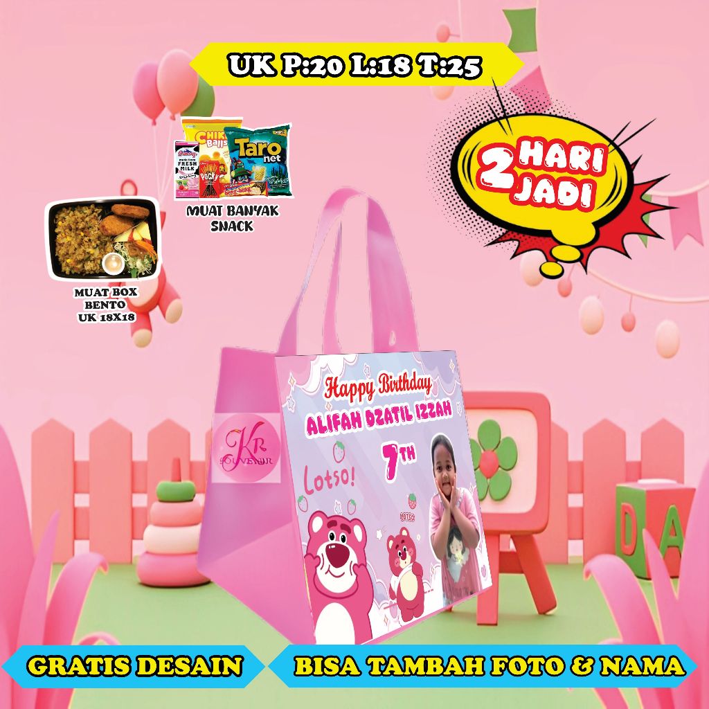 

Tas Ulang Tahun Potrait Bento/Tas Ulang Tahun/Tas Ulang Tahun Muat Box Bento/Tas Ulang Tahun Anak/Goodie Bag Potrait/goodie bag custom/tas custom nama/tas custom