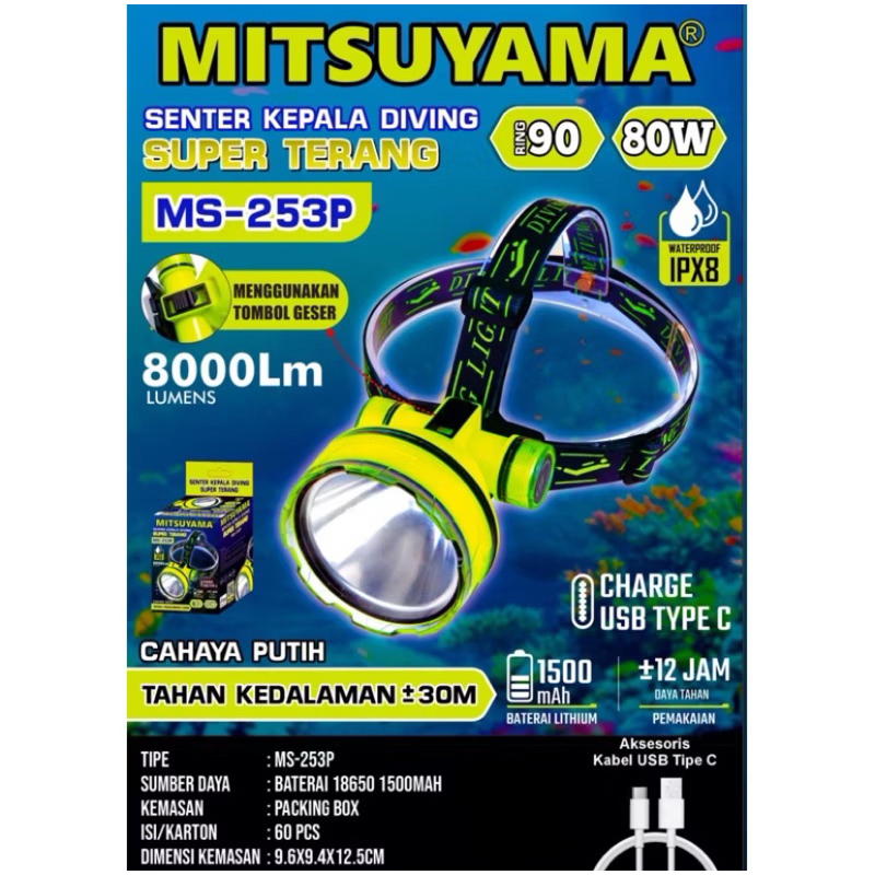 [Mitsuyama] Senter Kepala Selam 80W Senter Selam 8000 lumens