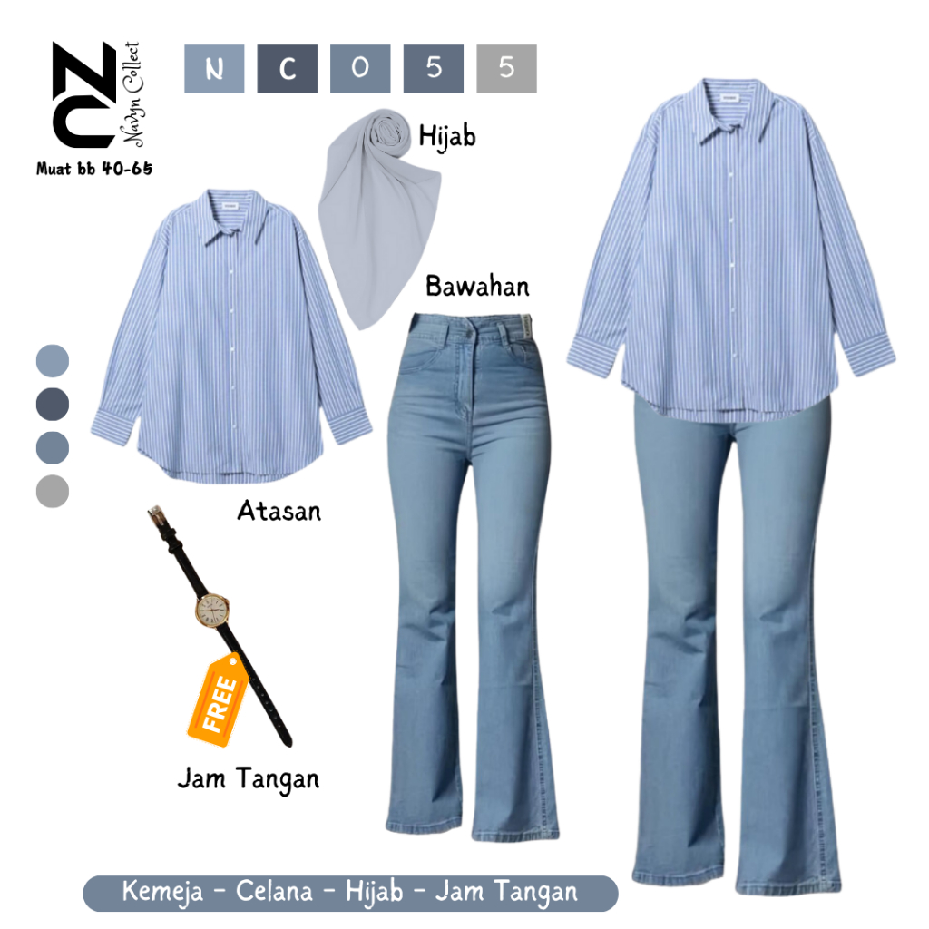 Oneset OOTD Kekinian Wanita(kameja Salur+celana jeans cutbray+hijab bella square) NC055