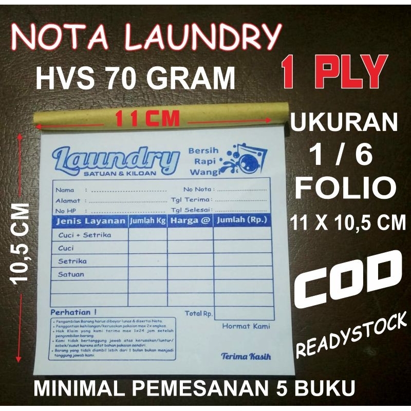 

nota laundry 1 ply HVS 70 gram ukuran 1/6 folio.isi 50/ buku.READYSTOCK