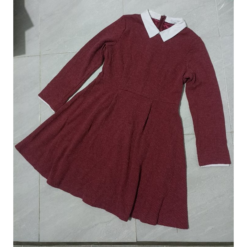 Gaun Rajut Merah Maroon Lengan Panjang
