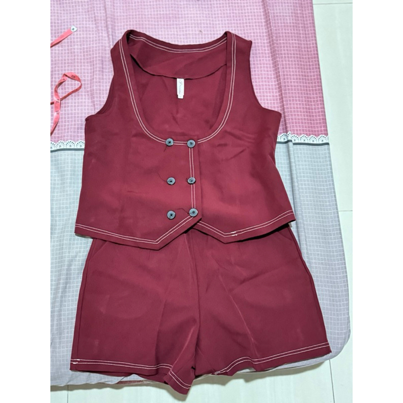 SET VEST CELANA MERAH MAROON
