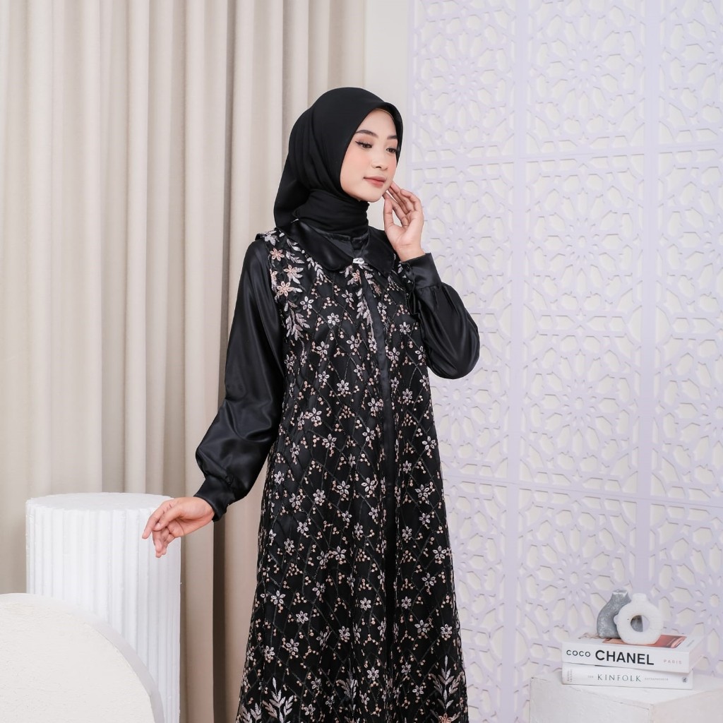 Gamis Hitam Motif Bunga set outer bahan valvet brukat ukuran jumbo ld up 140