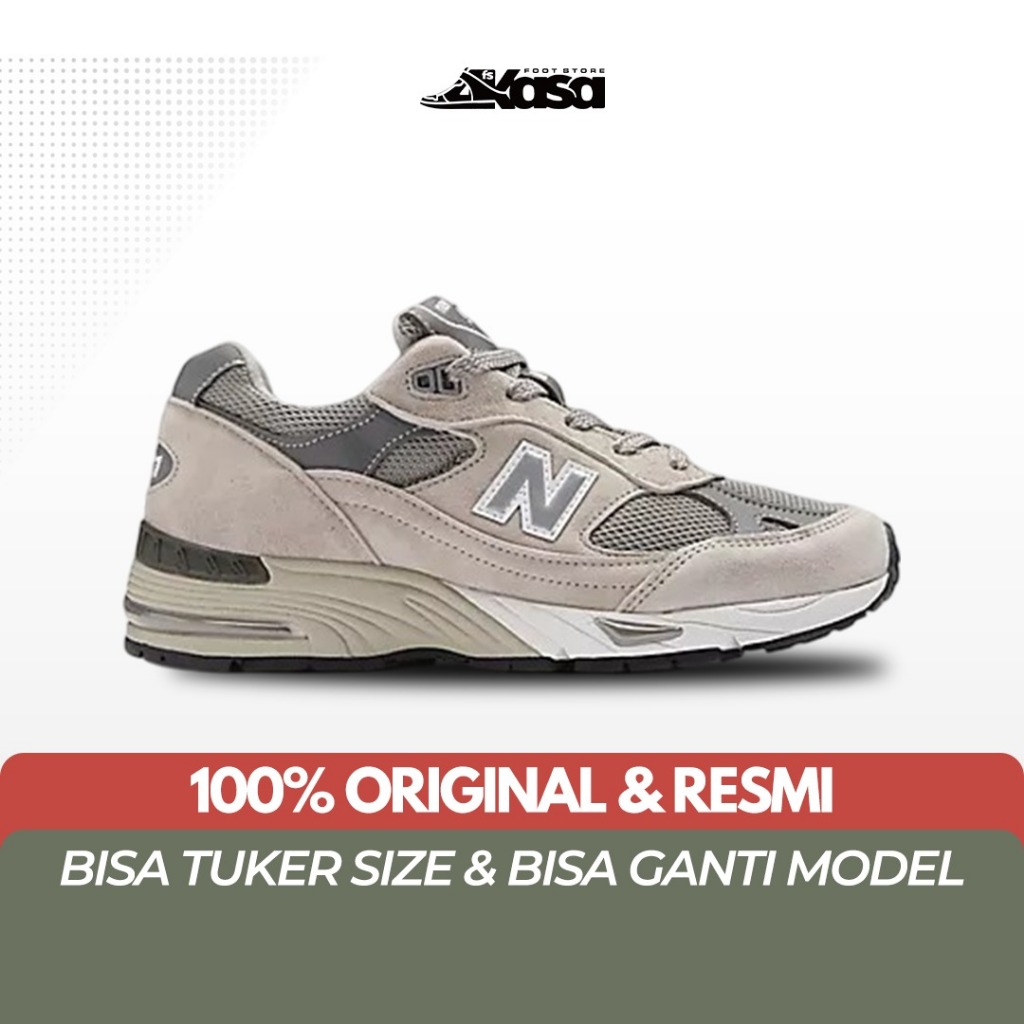 Sepatu Sneakers Pria NB 991 Made In UK Grey White Silver