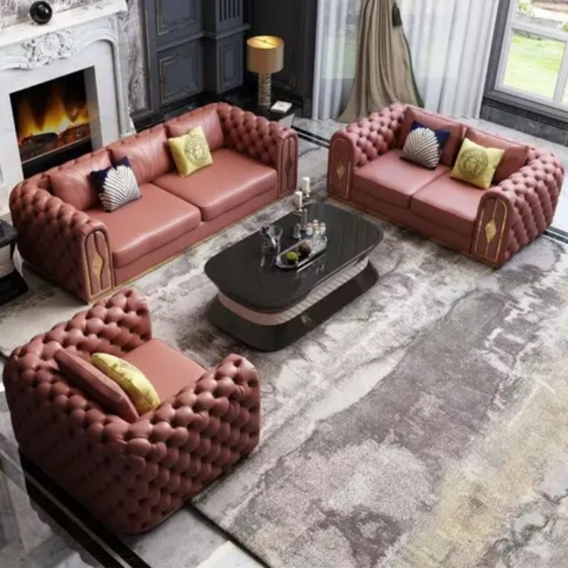 sofa kulit Chester Field set 221 + meja sofa mewah kualitas premium