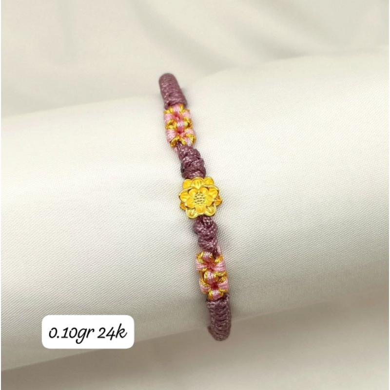 Gelang Charm Teratai Emas Asli 24K Hongkong 999% Tali Bunga Ungu