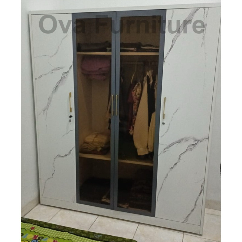 Lemari Baju Pakaian Plat Besi 4 Pintu Kaca Transparan Brown
