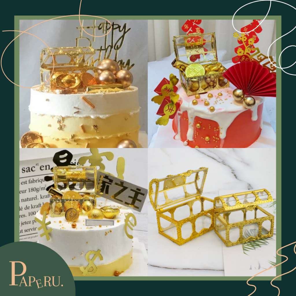 

[PAPERU] Gold Chest Gold Box Cake Topper Premium Gold Bar Cake Decorations Dekorasi Hiasan Kue