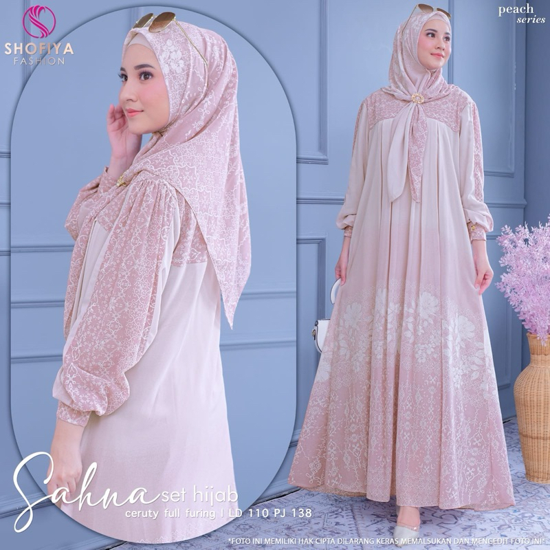 Sahna Set // One Set Dress dan Jilbab Persegi Motif Bunga