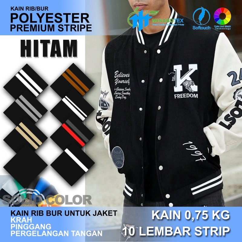 Misabu textile | kain rib bur hitam variasi polos dan strip polyester premium bisa COD dan custom
