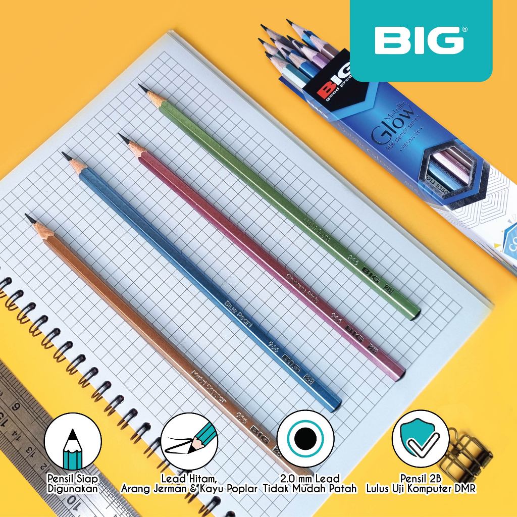 

12 Pcs BIG Pensil 2B Metallic Glow Graphite Pencil Standar Ujian Extra Dark PS-966