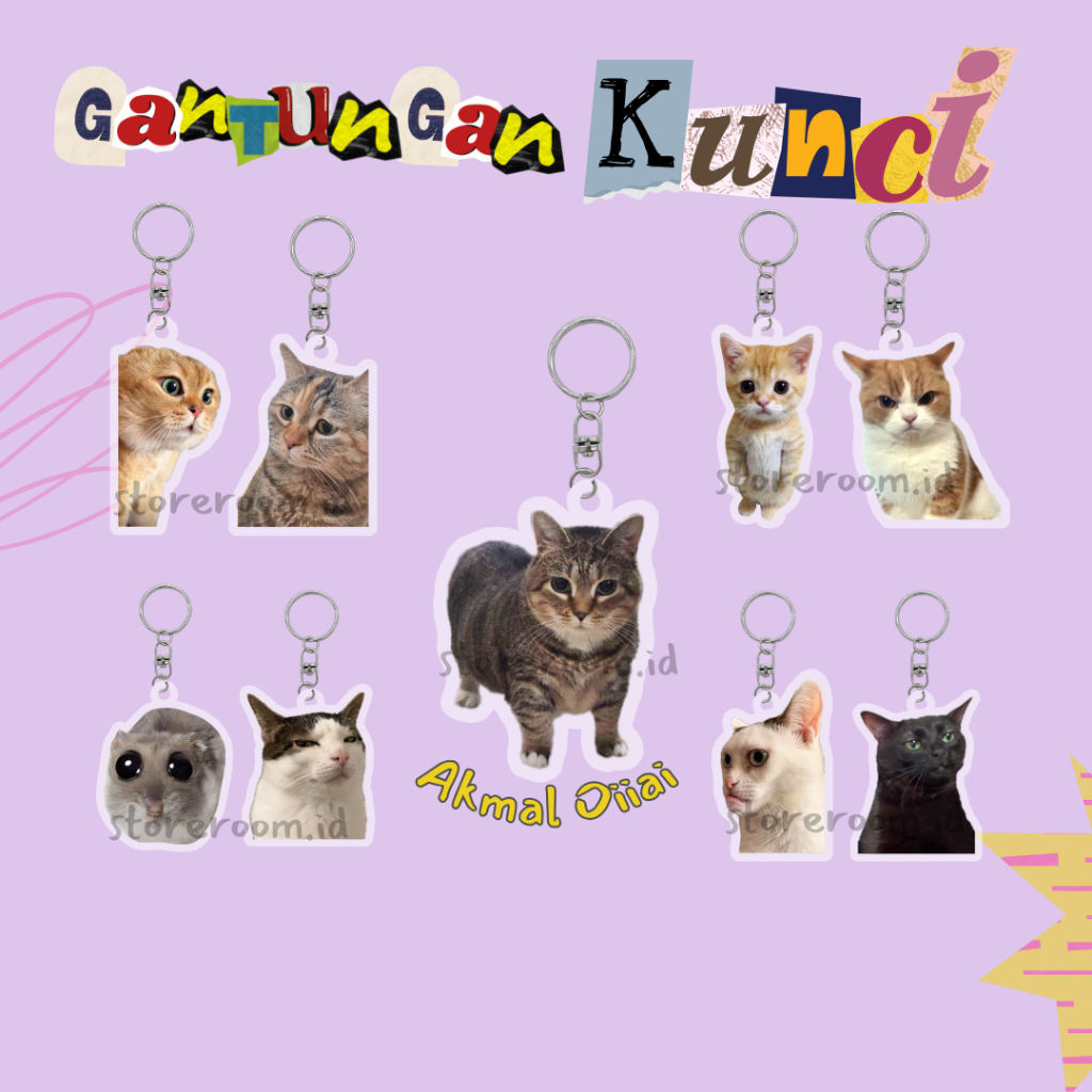 Ganci Meme Kucing - Keychain MEME CAT - Gantungan kunci 2 sisi, Kado Akrilik