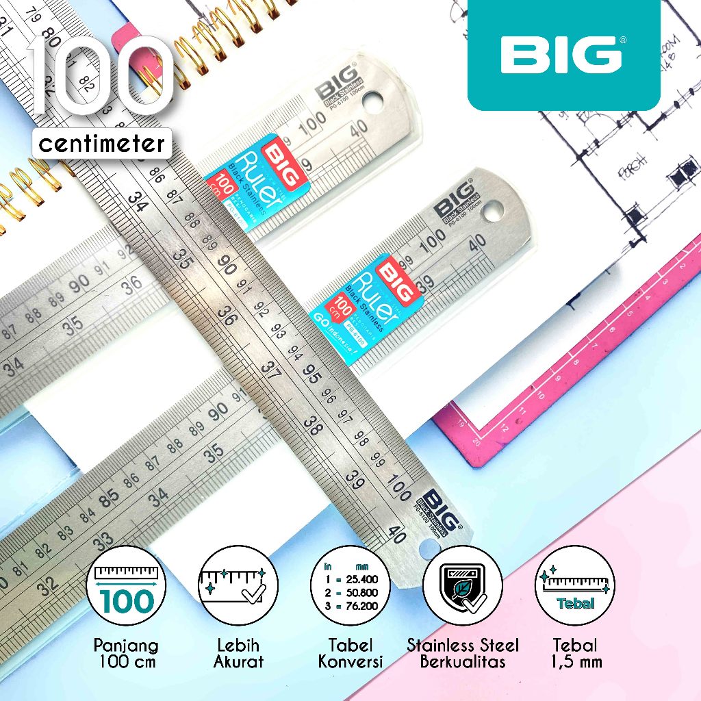 

BIG Penggaris Besi / Stainless Steel Ruler Tebal dan Kokoh Panjang 100 CM Tebal 1,5 MM PG-6100