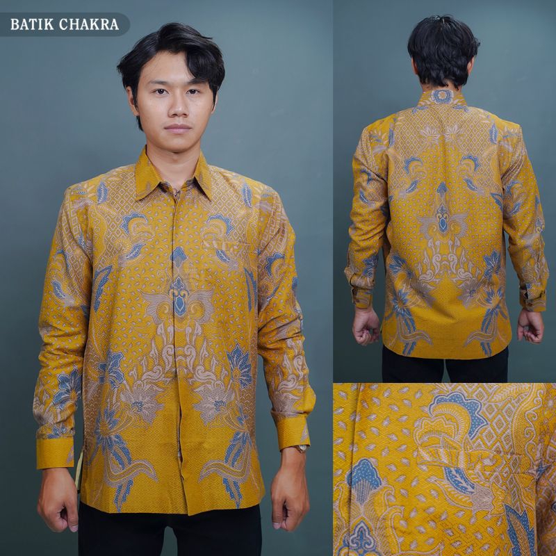 Kemeja batik pria KUNING lengan panjang bahan doby lapis furing motif terbaru