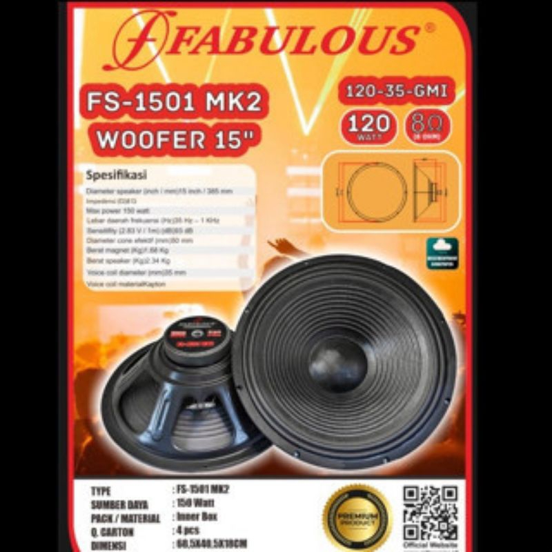 Fabuloussound Komponen Speaker 15" Inch Subwoofer 150 Watt FS-1501 MK2