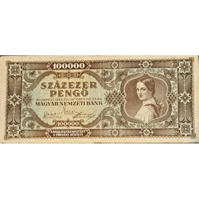 Uang Asing Negara Magyar Hungaria 100.000 Pengo Tahun 1945 Kondisi VF Dijamin Original 100%