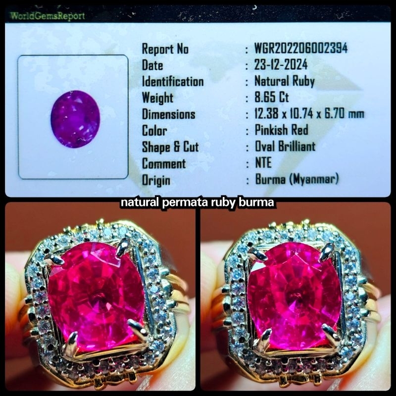 natural cincin permata ruby burma kristal ( myanmar )