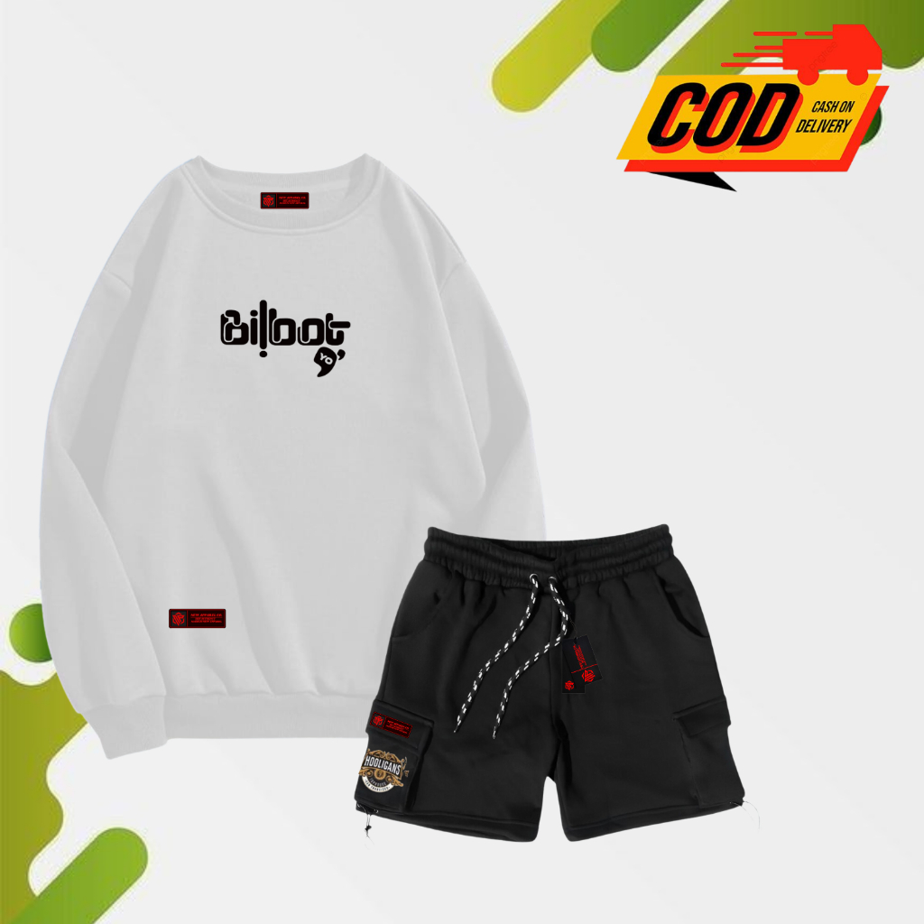 Outfit Crewneck Sweater Celana Pendek Cargo Pria Wanita Terbaru Warna Putih Motif Bloids & Holigan A