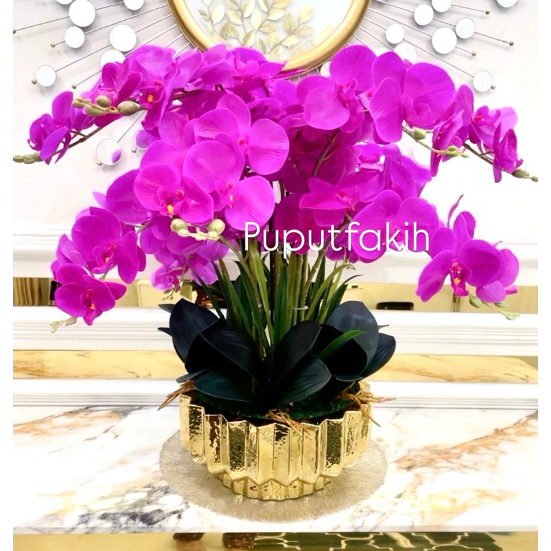Vas keramik gold dengan anggrek latex premium 12tangkai cantik dan mewah